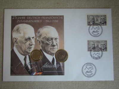 GERMANIA - Plic Filatelic si Monede &amp;quot;25 Ani de Cooperare Germania-Franta - UNC foto