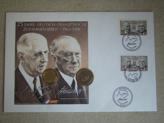 GERMANIA - Plic Filatelic si Monede &quot;25 Ani de Cooperare Germania-Franta - UNC