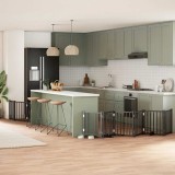 vidaXL Poartă c&acirc;ini pliabilă cu ușă 9 panouri negru, 450 cm, lemn plop 3155709