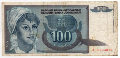 Bancnotă 100 Dinari - Iugoslavia, 1992 foto