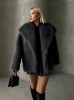 Jacheta Dama Blana Ecologica Neagra Buzunare Guler Oversized Haina Femei Iarna Calduroasa Eleganta