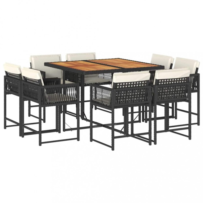 Set mobilier de gradina cu perne, 9 piese, negru, poliratan