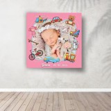 Tablou Canvas Personalizat Născut cu Jucării, Nume și Data Nașterii, Decor Camera Bebelului, Cadou Botez, Imprimare Profesională