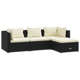 Set mobilier de gradina cu perne, 4 piese, negru, poliratan