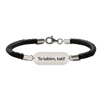 Bratara unisex piele naturala si tablita argint 925 personalizata cu text foto