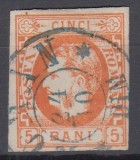 ROMANIA 1869 LP 25 REGELE CAROL I CU FAVORITI 5 BANI PORTOCALIU STAMPILAT ROMAN DIMINEATA