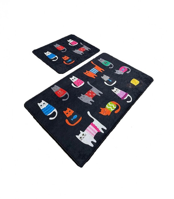 Set 2 Covorase baie Black Cats, 60 x 100 cm, 50 x 60 cm, Antiderapant, Negru