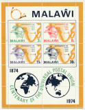 Malawi 1974 - UPU,Centenar 1874-1974,bloc 4 valori dantelate,MNH,Mi.Bl.36, Organizatii internationale, Nestampilat