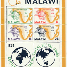 Malawi 1974 - UPU,Centenar 1874-1974,bloc 4 valori dantelate,MNH,Mi.Bl.36