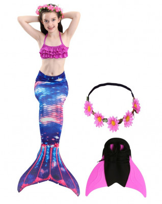 Set 5 piese Costum de baie Sirena THK, include top, slip, coada sirena, coroana flori si Inotatoarea pentru fixarea cozii, Albastru/Mov, 140 cm foto