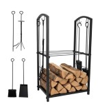 Suport metalic pentru lemne foc cu rafturi si accesorii semineu (73.5 x 39.5 x 30 cm)