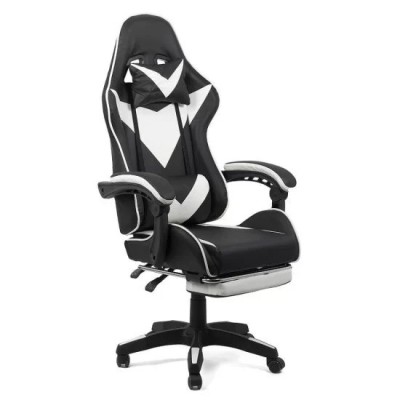 SCAUN GAMING CU SPATAR REGLABIL SI SUPORT PICIOARE ALB/NEGRU OFF 299 foto