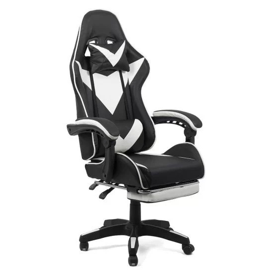 SCAUN GAMING CU SPATAR REGLABIL SI SUPORT PICIOARE ALB/NEGRU OFF 299