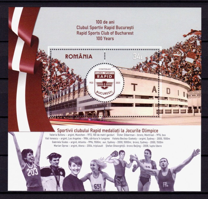 ✅RO 2023 LP 2423a &quot;Clubul Sportiv Rapid București, 100 de ani&quot; - colita 953 ,MNH