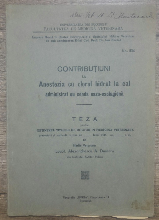 Contributiuni la anestezia cu cloral hidrat la cal...// 1936