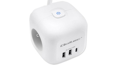 Prelungitor Qoltec Power cube 6-&amp;icirc;n-1 cu comutator iluminat | 3x AC | 2x USB | 1x USB-C PD 20W | Alb | Cablu 2m foto