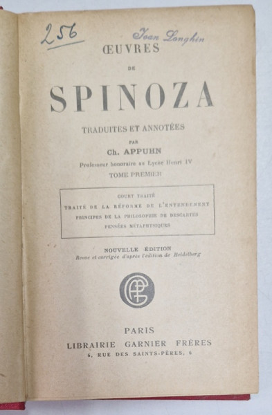 OEUVRES DE SPINOZA , traduits par CH. APPUHN , 1920