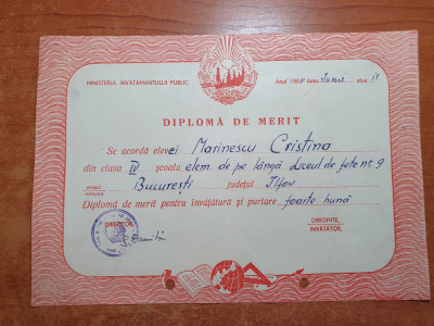 diploma de merit clasa a 4-a-elem. de pe langa liceul de fete bucuresti - 1950 foto