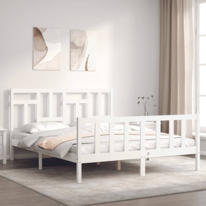 vidaXL Cadru de pat cu tăblie, alb, king size, lemn masiv 3193147