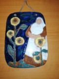 Placa aplica ceramica de perete de colectie vintage realizat pictat manual floarea soarelui Svenskt Handarbete Suedia