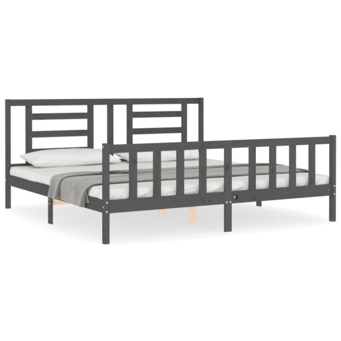 Cadru pat cu tablie 200x200 cm, gri, lemn masiv