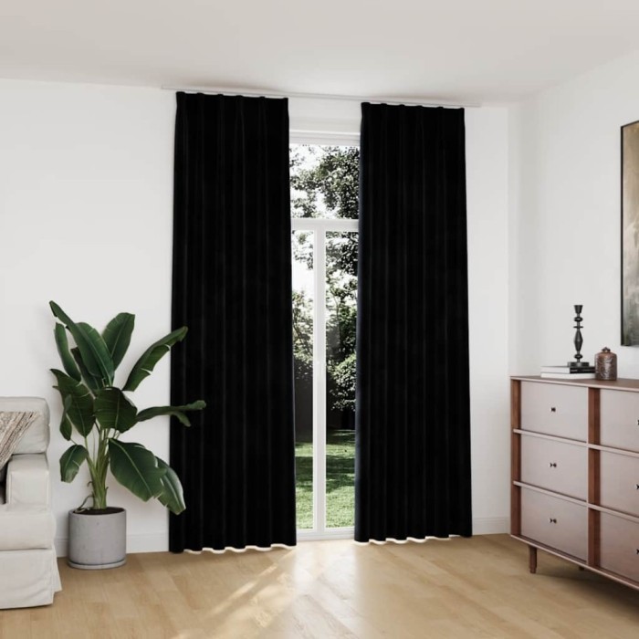 Draperii opace cu c&acirc;rlige, 2 buc., negru, 140x245 cm, catifea