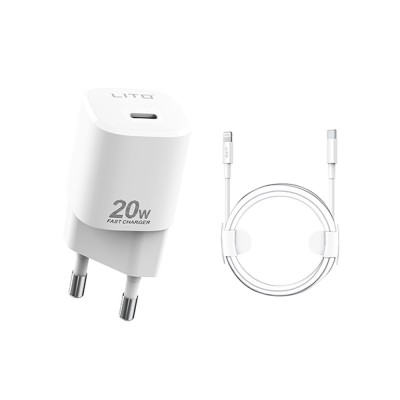 Incarcator retea lito tip-c pd20w fast charging pentru iphone, ipad cu cable usb-c la lightning, 1m, alb foto