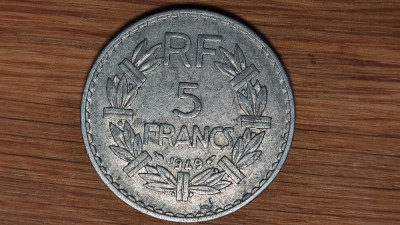 Franta - moneda de colectie mare - 5 franci / francs 1949 -aluminiu, impecabila! foto