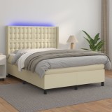 Cumpara ieftin Pat cu arcuri, saltea și LED, crem, 140x200 cm, piele eco