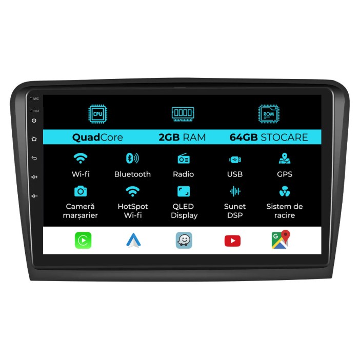 Navigatie Dedicata Skoda Superb 2 (2008-2015), 10Inch, 2Gb Ram, 64Gb Stocare, Carplay