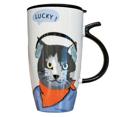 Cana inalta din ceramica cu capac Pufo Music, pentru cafea sau ceai, 450 ml- eleganta, practica si perfecta pentru birou foto