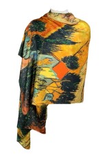 Esarfa tip sal doua fete pictata 3, Dacali, matase, portocaliu/verde inchis, 180x70cm