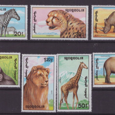 4-MONGOLIA 1991=Animale-fauna-zebra-leu-hipopotan-girafa-elefant-Serie de 7 MNH