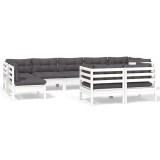 Set mobilier de gradina cu perne, 9 piese, alb, lemn masiv pin