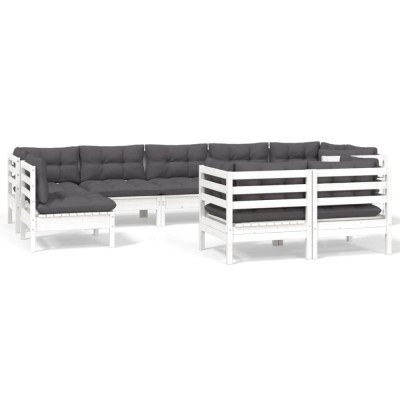 Set mobilier de gradina cu perne, 9 piese, alb, lemn masiv pin foto