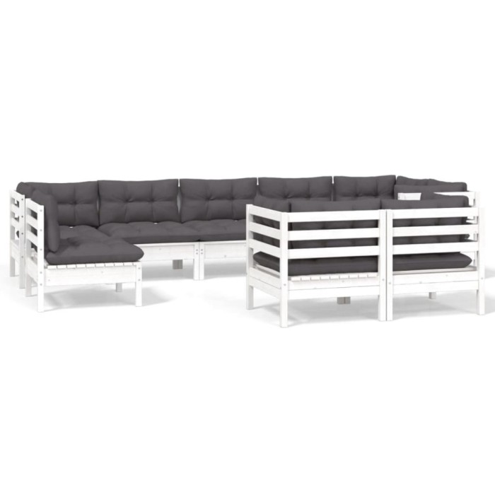 Set mobilier de gradina cu perne, 9 piese, alb, lemn masiv pin