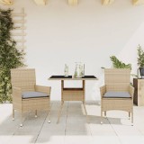 VidaXL Set mobilier de grădină cu perne 3 piese bej poliratan &amp; sticlă