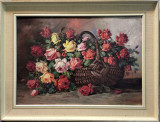 Coș cu trandafiri- pictura in ulei, Flori, Realism