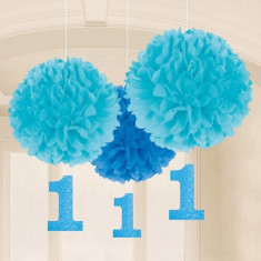 Decoratiuni pom pom 1 an baietel 40cm Prima Aniversare set 3 buc foto