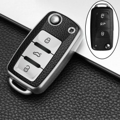 Husa Cheie Briceag Compatibila cu Golf MK6, 3 Butoane, Tpu, Aspect Piele, Gri