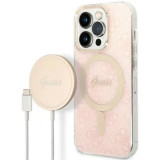 Husa Cover Guess 4G Print Magsafe + Wireless Charger pentru iPhone 14 Pro Pink