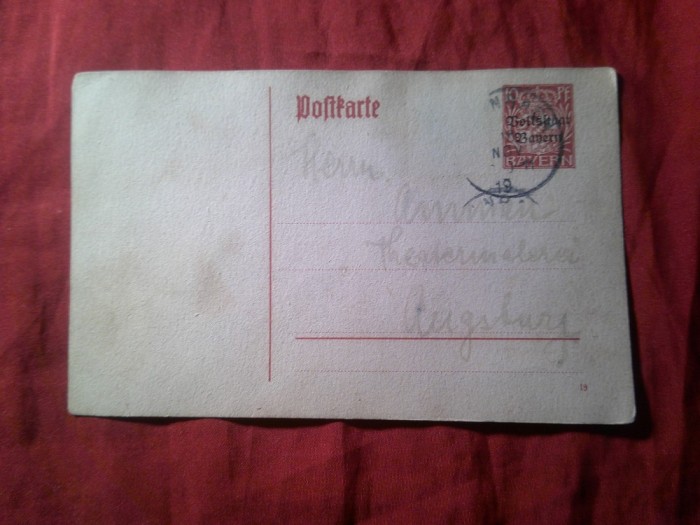 Carte postala uzata 1919 Bavaria , cu timbru fix 10pf si supratipar , circulat in Angsbury