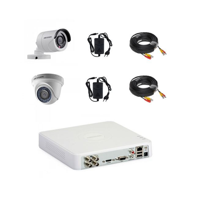 Sistem camere supraveghere video mixt complet 2 camere Hikvision full hd cu IR 20 m plug and play, DVR 4 canale, accesorii SafetyGuard Surveillance