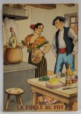 LA POULE AU POT , CARTE POSTALA ILUSTRATA , LITOGRAFIE SEMNATA JEAN PARIS , CU RETETA CULINARA PE VERSO , TEXT IN LB. FRANCEZA , 1946