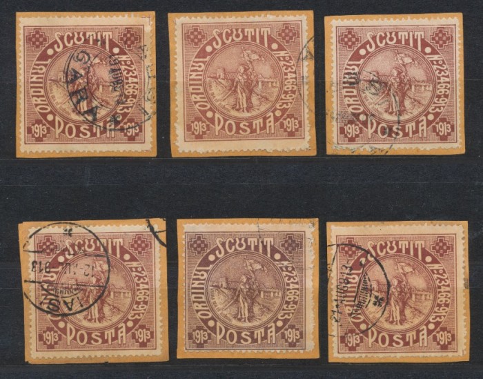 ROMANIA 1913 lot 6 timbre Scutit - Silistra stampilate pe fragmente de plicuri, cu nuante de culoare