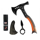 Cumpara ieftin Set topor multifunctional camping cu ciocan, cutit de aruncat si spray autoaparare chili DEPOX&reg;, otel inoxidabil, maner cauciucat, 33.5 cm/60 ml