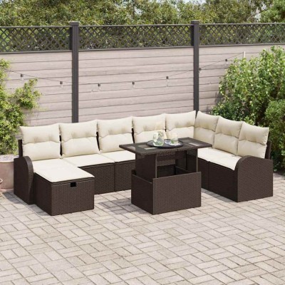 vidaXL Set de canapele pentru grădină cu pernă 9 pcs Maro Rattan poli foto