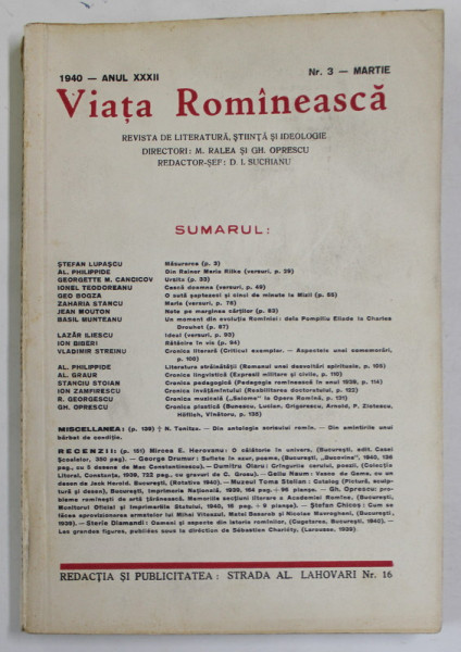 VIATA ROMANEASCA , REVISTA DE LITERATURA , STIINTA SI IDEOLOGIE , ANUL XXXII , NR. 3 , MARTIE , 1940