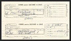 LOT 2 x CERERE PENTRU LECTURĂ &amp;Icirc;N SALĂ - BILETE / CERERI BIBLIOTECĂ, ANII 1980 foto