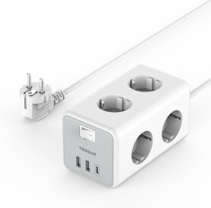 Prelungitor tip cub Tessan TS-306-C, 6 prize, 2 USB, 1 USB-C, 3A, cablu 2m